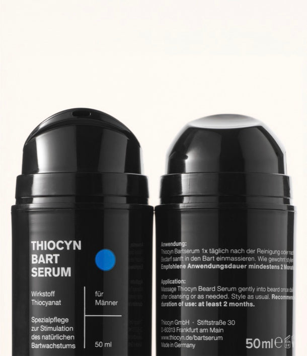 Vorder- und Rückseite des Thiocyn Bartserums, ohne Verschlusskappe. Vorder- und Rückseite des Thiocyn Bartserums, ohne Verschlusskappe.